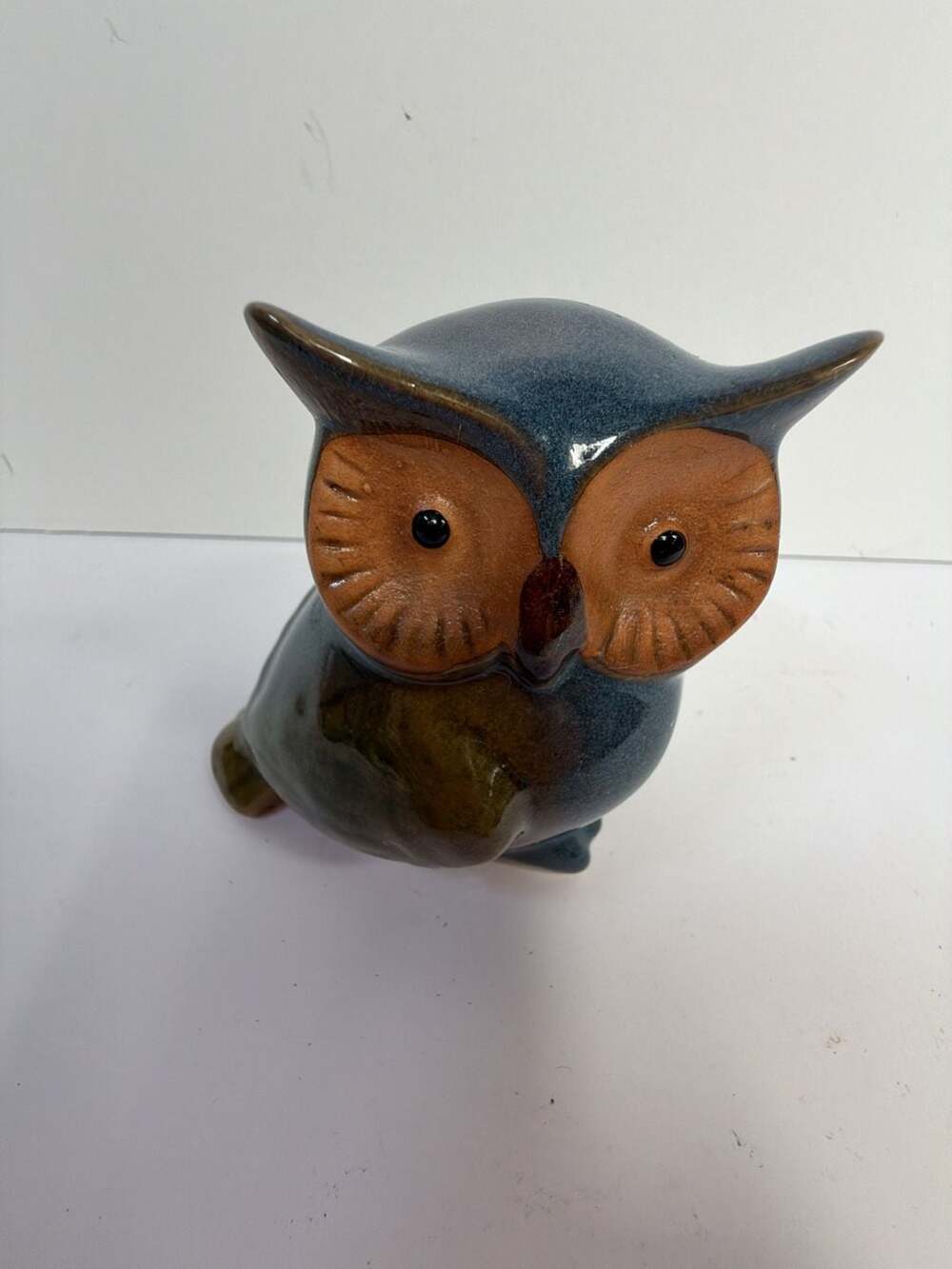 Vintage Ceramic Owl‎ Figurine 3.5 Inch Blue and Brown Glaze